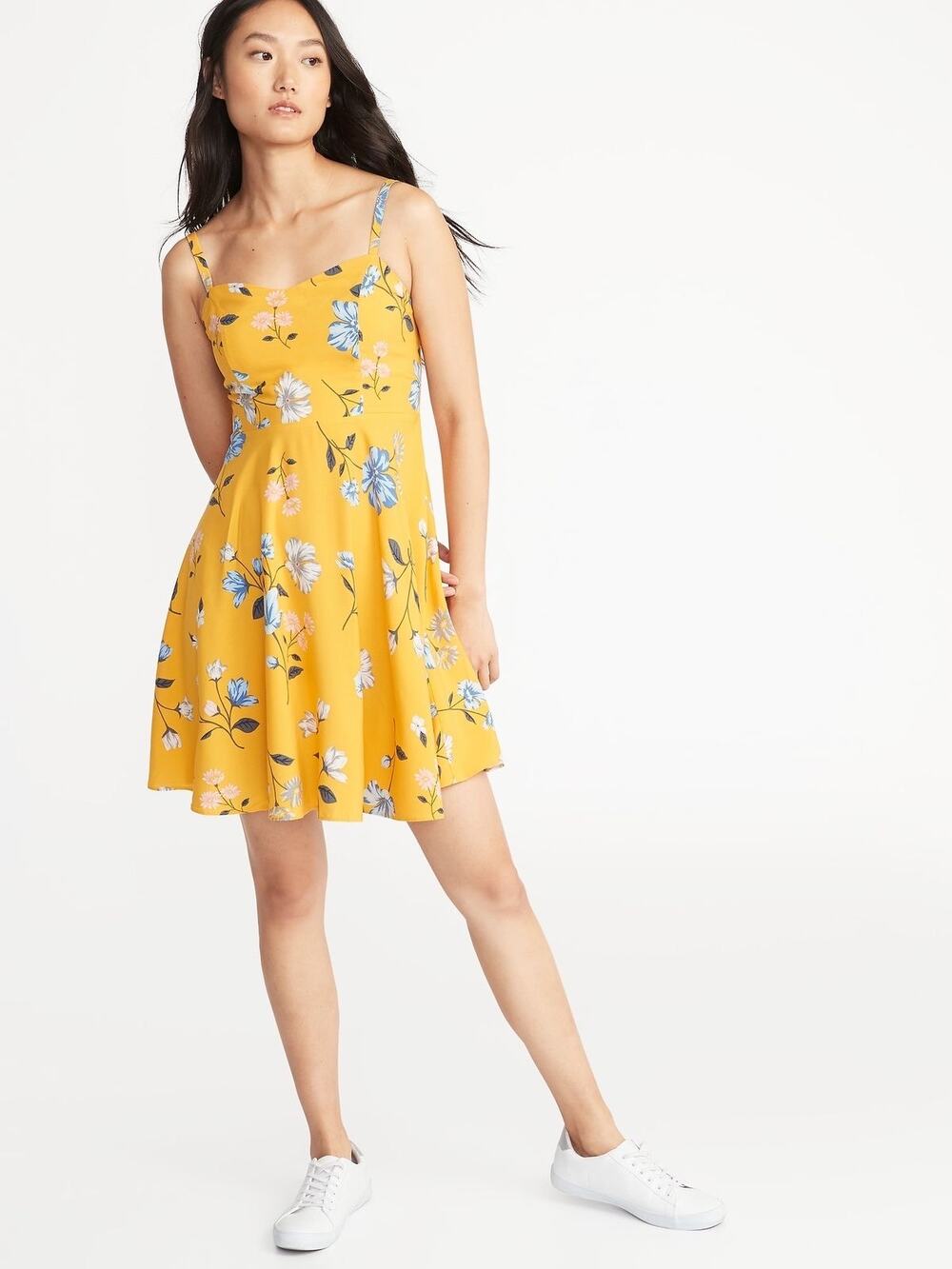 Old Navy Yellow Floral Spaghetti Strap Mini Cami Camisole Fit & Flare Dress Sz S